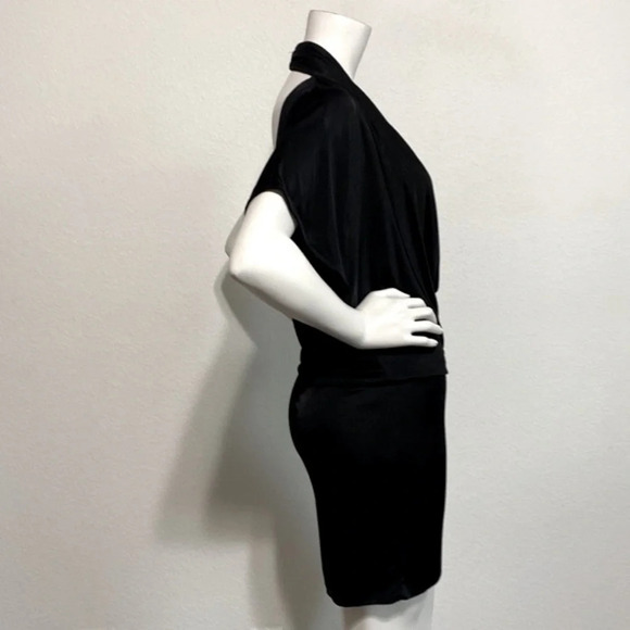 Black Halo Draped Ruched One Shoulder Short Sleeve Halter Mini Dress Size M - Picture 4 of 5